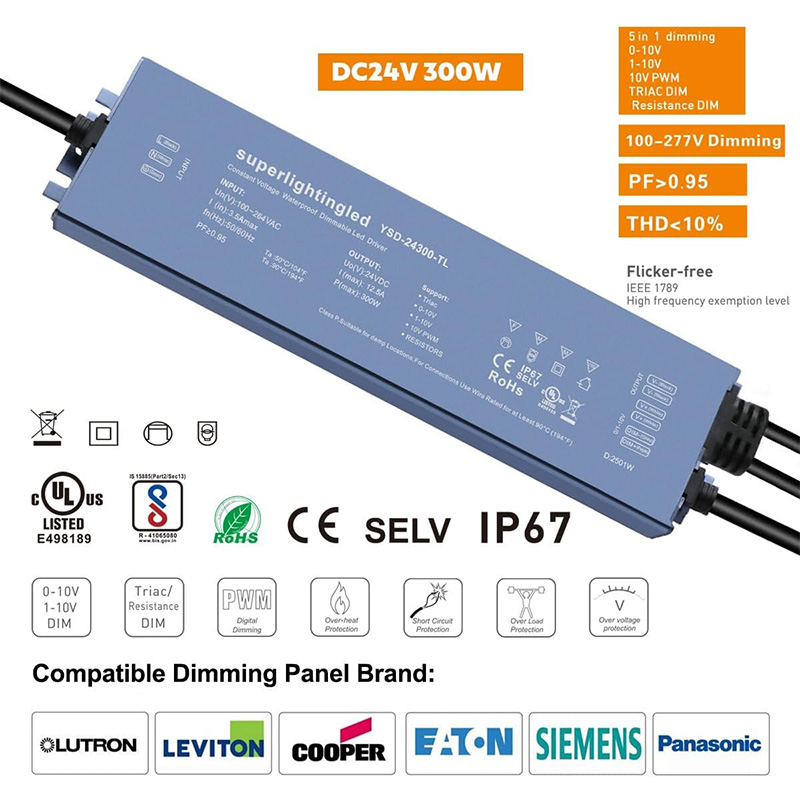 AC110V/220V DC24V 300W 12.5A UL-Listed LED Waterproof IP67 Triac and 0/1-10V Dimmable LED Dimming Power Supply AC110V/220V DC24V 300W 12.5A UL-Listed LED Waterproof IP67 Triac and 0/1-10V Dimmable LED Dimming Power Supply